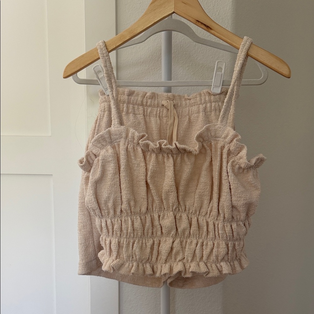 Anthropologie Cozy Cream Ruffle-Neck Tank/short set